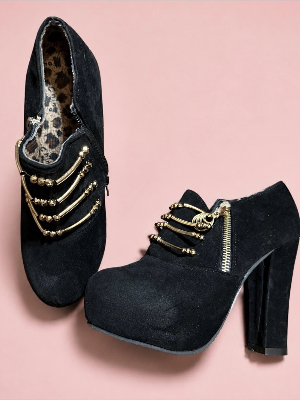 Black Suede Platform Heel Booties with Gold Accent